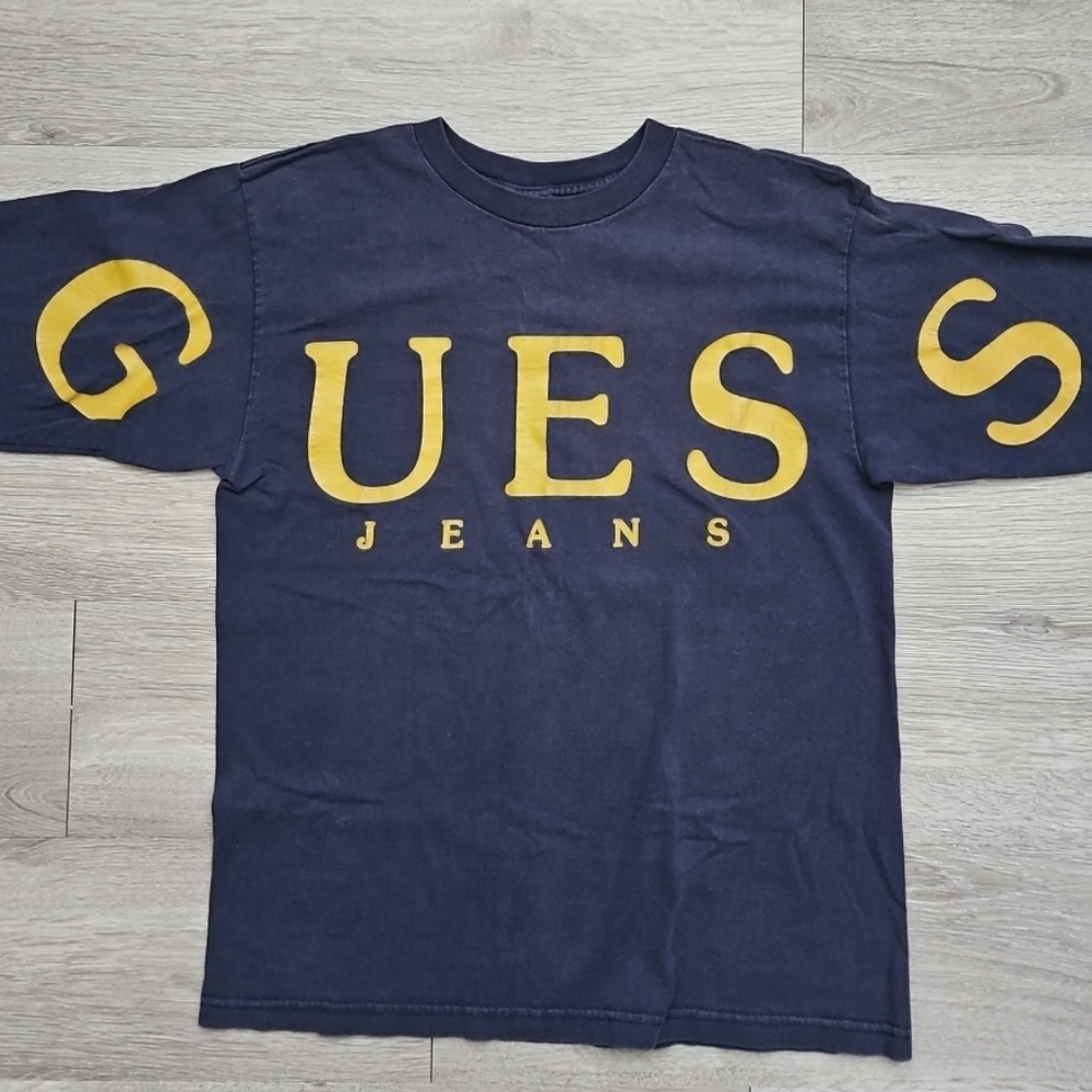 GUESS Jeans Vintage Boy's Navy Blue Shirt Gold Chest Logo Size Medium 12/14